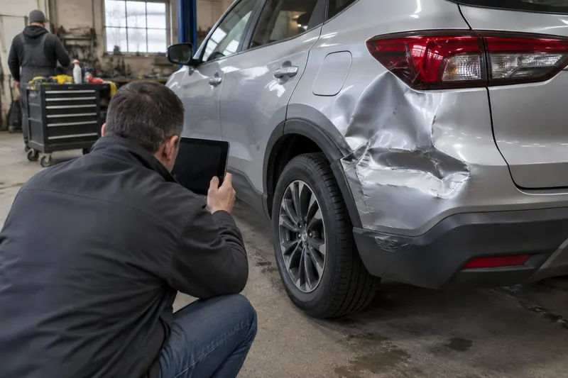 An adjuster crouching in a body shop bay photographing a creased rear quarter panel on a silver crossover with a tablet