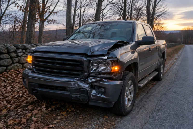 A pickup truck on a New England country road shoulder at dusk with a bent hood, cracked headlight and pushed-in bumper, a stone wall and bare trees behind