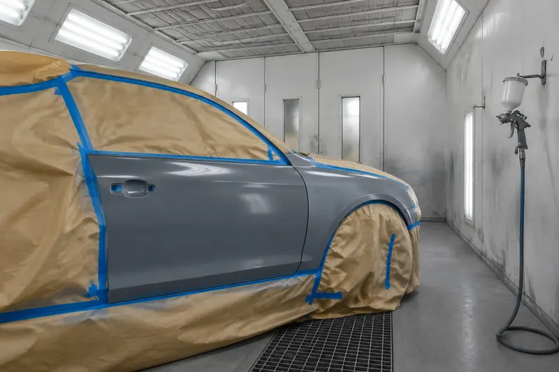 A gray sedan door and fender masked with tan paper and blue tape inside a clean spray booth, a spray gun hanging on the wall