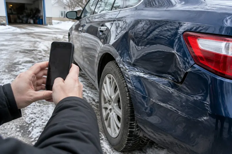 A driver's hands holding a phone to photograph a dented, creased rear quarter panel on a dark blue sedan in a snowy driveway