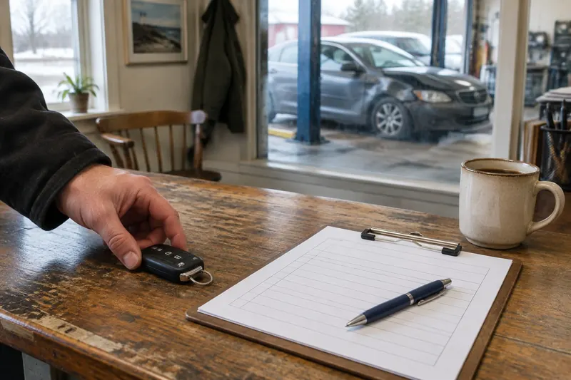 A hand setting a car key fob on a worn shop counter beside a blank clipboard and a coffee mug, with a damaged car visible through the window