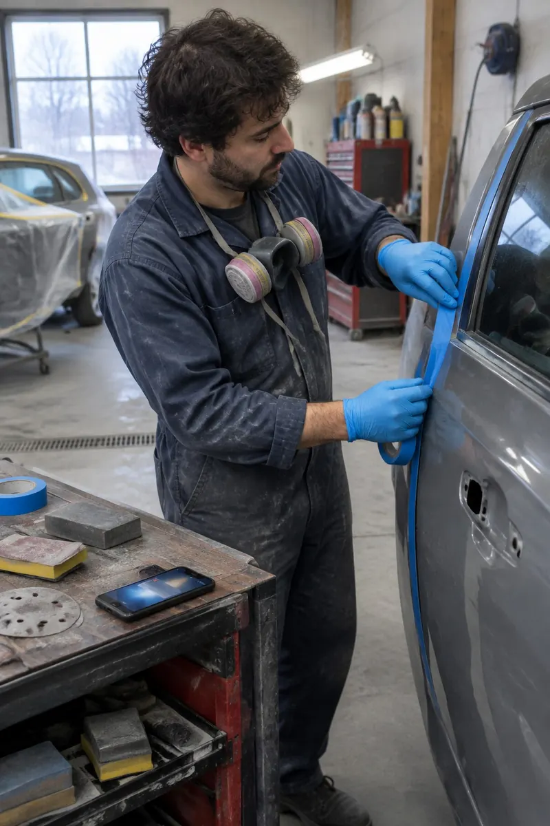 A body technician in coveralls and blue gloves taping the edge of a car door, a respirator hanging at his chest and a phone lit up on the workbench