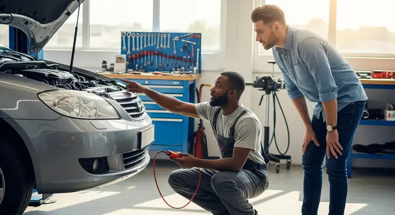 Mechanic reviewing engine diagnostics with a customer