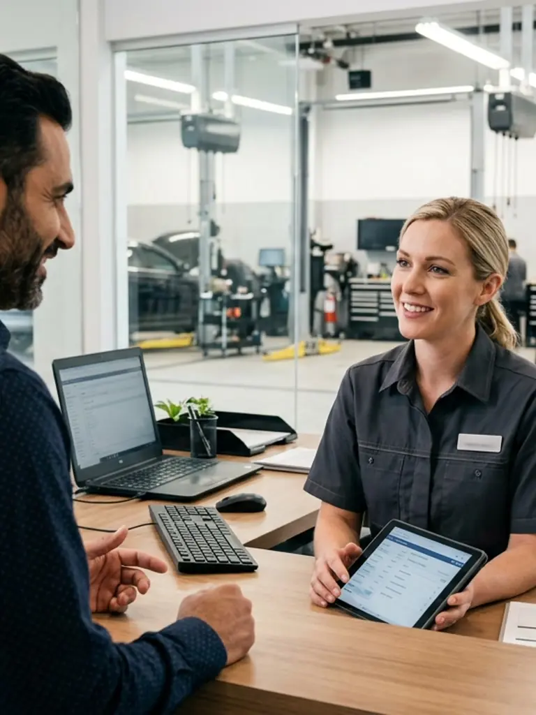 Service writer checking in a customer on a tablet at the front desk
