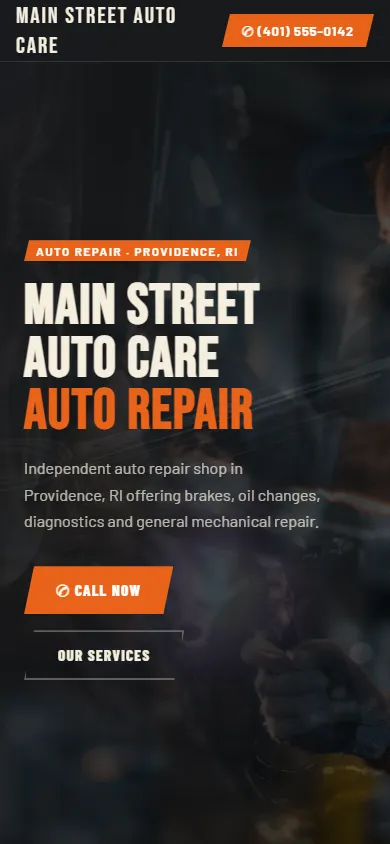 Mobile view of the Main Street Auto Care sample website