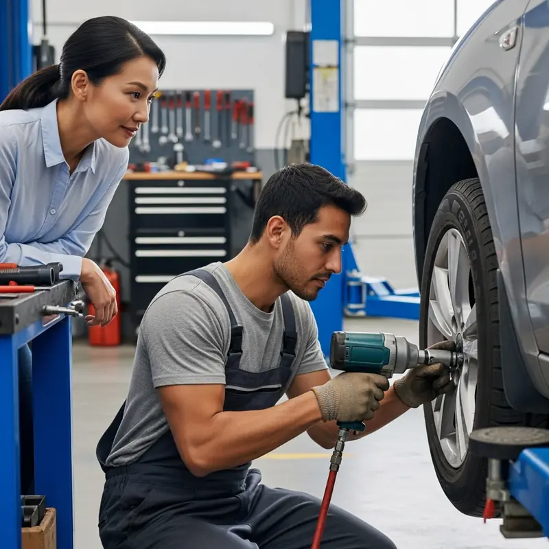 Technician using an impact wrench on a tire
