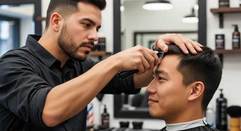 Barber using clippers on a client's hairline in front of a mirror