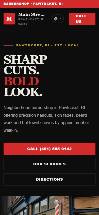 Mobile view of the Main Street Barbers sample website