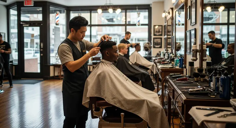 Classic barbershop interior with vintage chairs, wood floors and a row of stations with clippers and grooming products