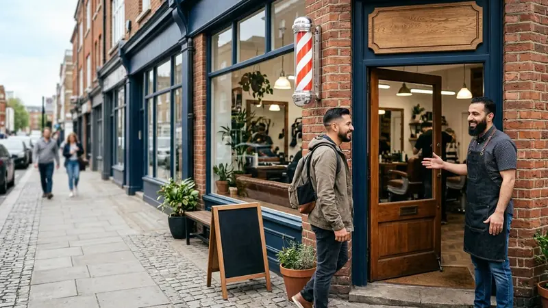 Brick barbershop storefront with a striped barber pole, wooden door and sandwich board as a barber welcomes a customer