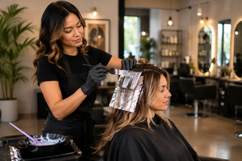 Colorist painting lightener onto foil sections of a client's hair in a stylish salon