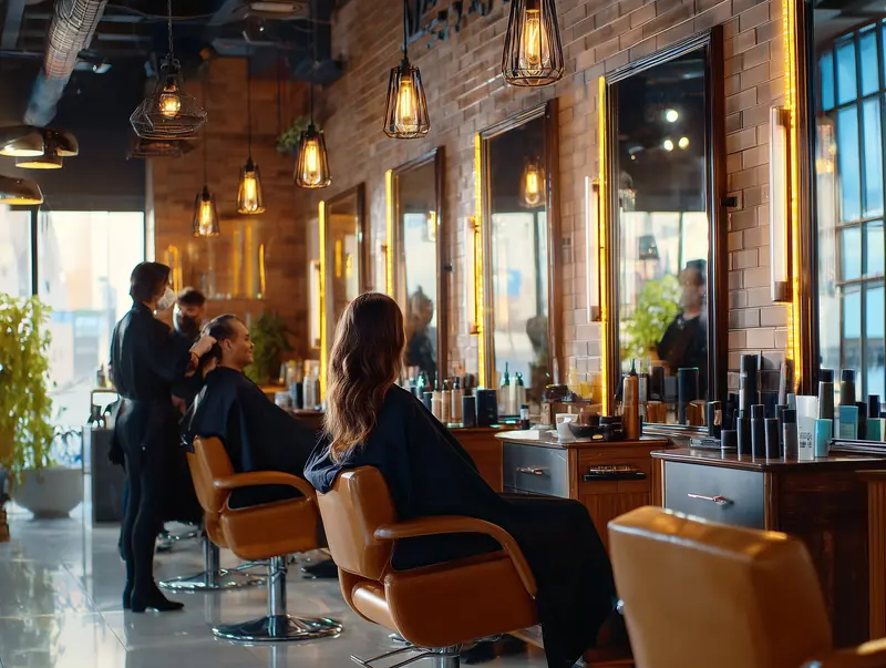 Warm brick-wall salon interior with lit mirrors, leather chairs and stylists at work