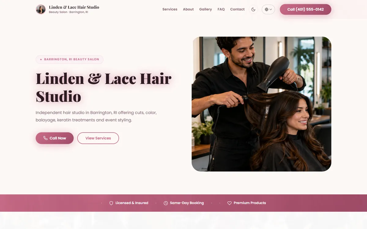 Desktop view of the Linden & Lace Hair Studio sample website, with a hero photo of a stylist and a book-now button