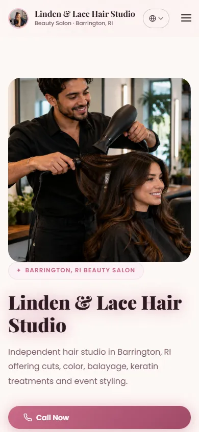 Mobile view of the Linden & Lace Hair Studio sample website
