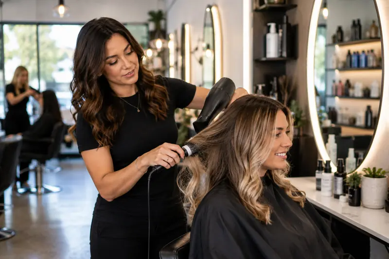 Stylist blow-drying a client's balayage waves beside a lit round mirror