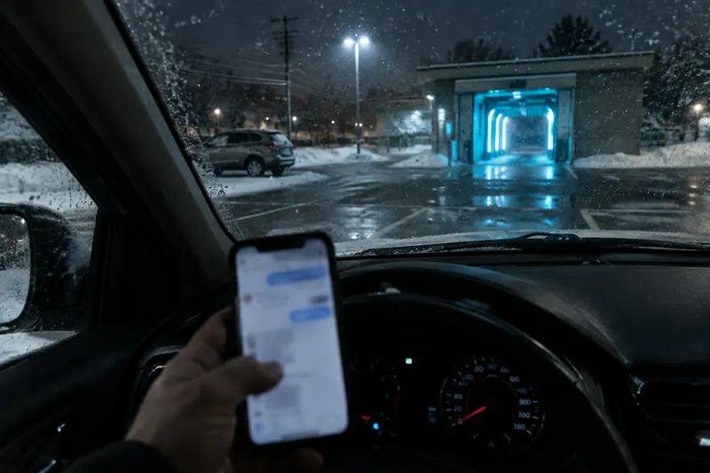 A driver in a parked car at night holding a phone with a glowing chat screen, a car wash tunnel glowing in the snowy lot beyond the windshield