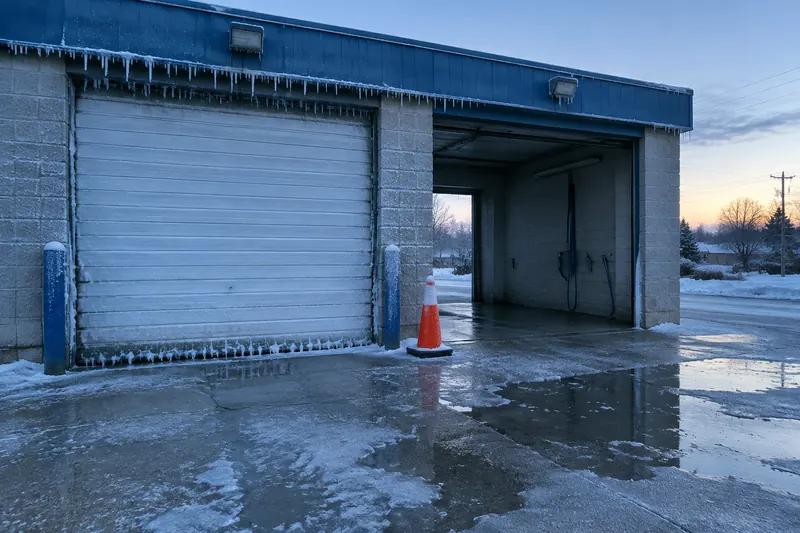 Closed car wash bay at dawn in a hard freeze, frosted roll-up door with icicles and an orange traffic cone on icy concrete