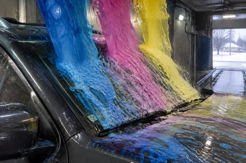 Blue, magenta and yellow foam streams cascading over the windshield and hood of a dark SUV inside a car wash tunnel
