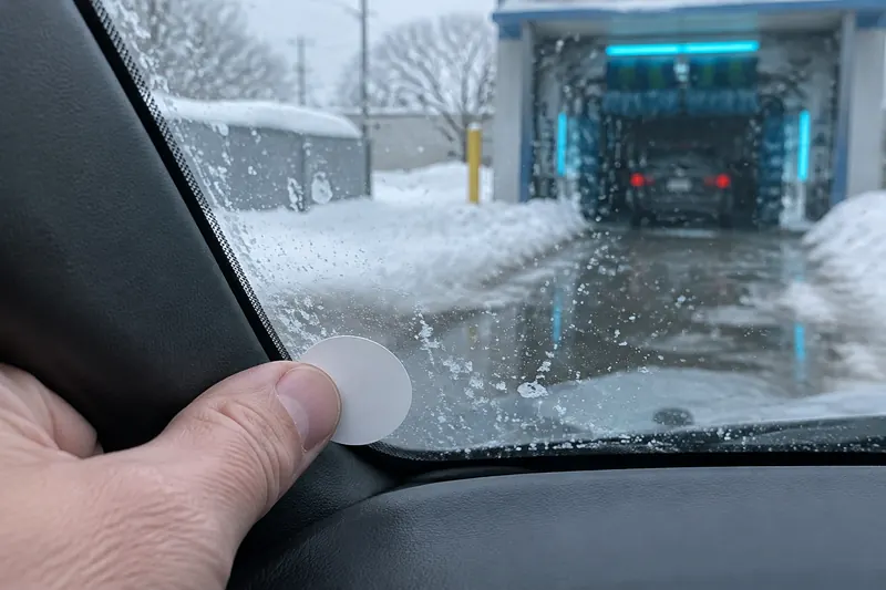 A hand pressing a small blank white tag sticker onto the corner of a salt-spattered windshield with a car wash tunnel entrance blurred beyond the glass