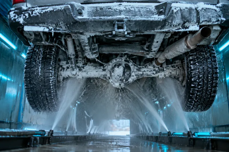 Undercarriage spray jets blasting the salt-crusted frame, rear axle and exhaust of a pickup truck inside a car wash tunnel