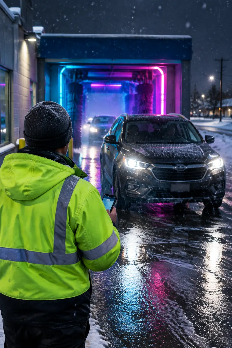 Back view of a car wash owner in a hi-vis jacket and wool hat holding a phone at a snowy tunnel exit at night as a clean car emerges under cyan and magenta light