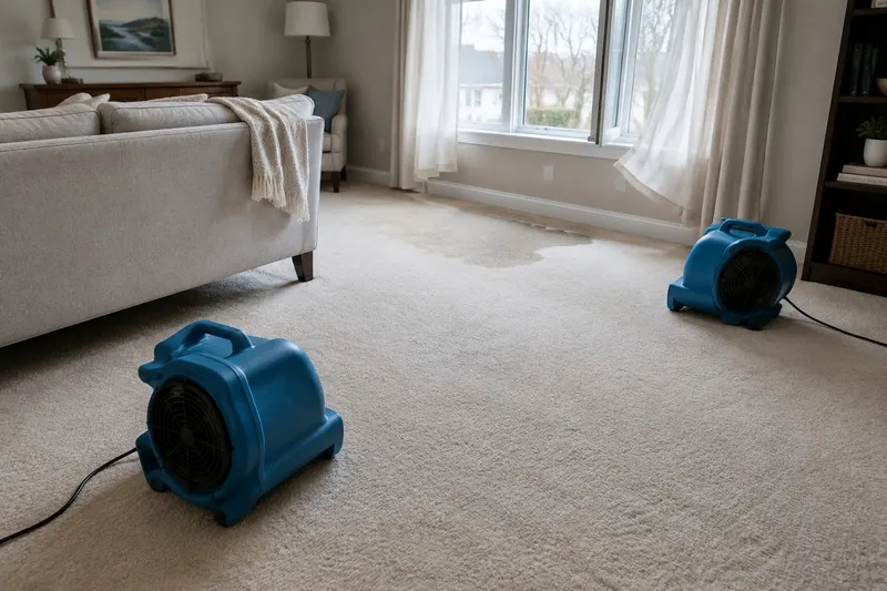 Two blue air-mover fans angled along a cream carpet in a living room with a window cracked open and one slightly damp patch still showing
