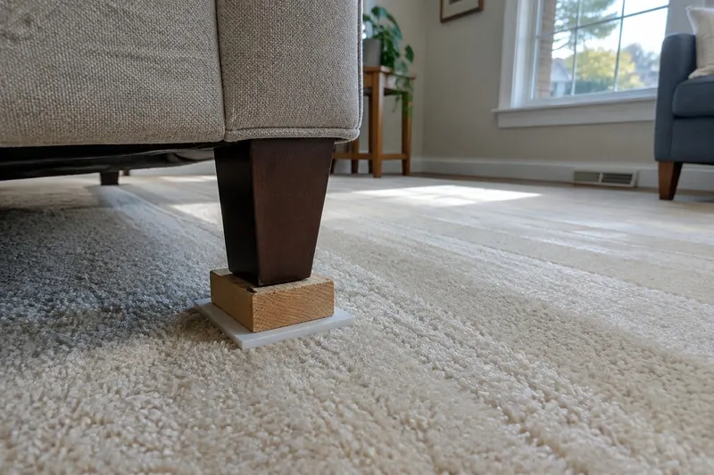A wooden sofa leg standing on a small wood block and a square plastic tab on freshly cleaned, slightly damp cream carpet