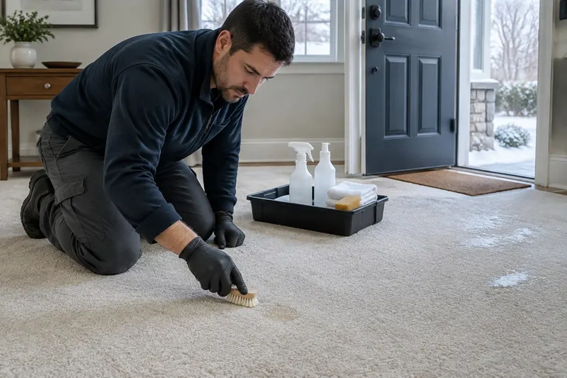 A carpet technician kneeling by an entry door, brushing a faint mark on cream carpet with a tray of plain spray bottles and towels beside him and pale salt marks nearby