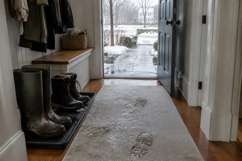 A New England front hall in March with muddy boots on a tray and a light carpet runner marked with gray salt streaks and boot prints, the front door open to wet snow