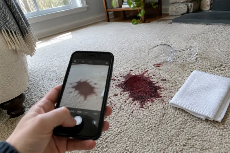 A hand holding a phone over a dark red wine stain on a cream carpet to photograph it, with a tipped wine glass and a folded cloth beside it
