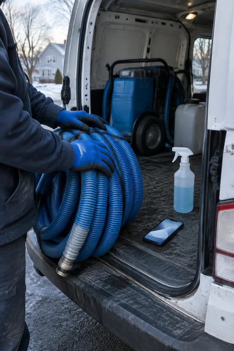 Gloved hands resting on a coiled blue extraction hose at the open back of a work van, with a phone lit up on the van floor beside a spray bottle