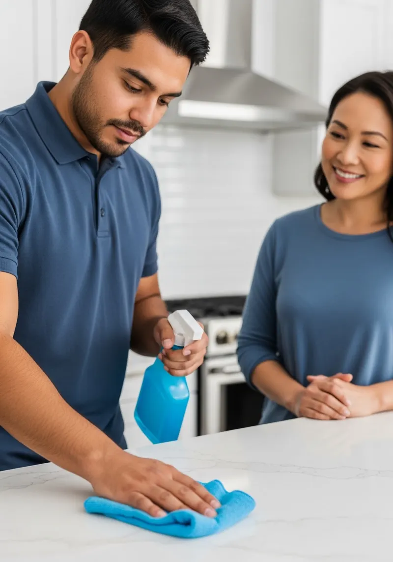 Cleaner wiping a kitchen counter with a blue cloth while a homeowner watches