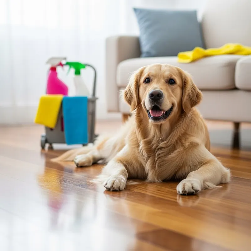 Bright clean living room with a cleaning cart and a golden retriever on a polished floor