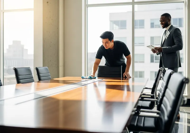Cleaner polishing a conference table in a bright office