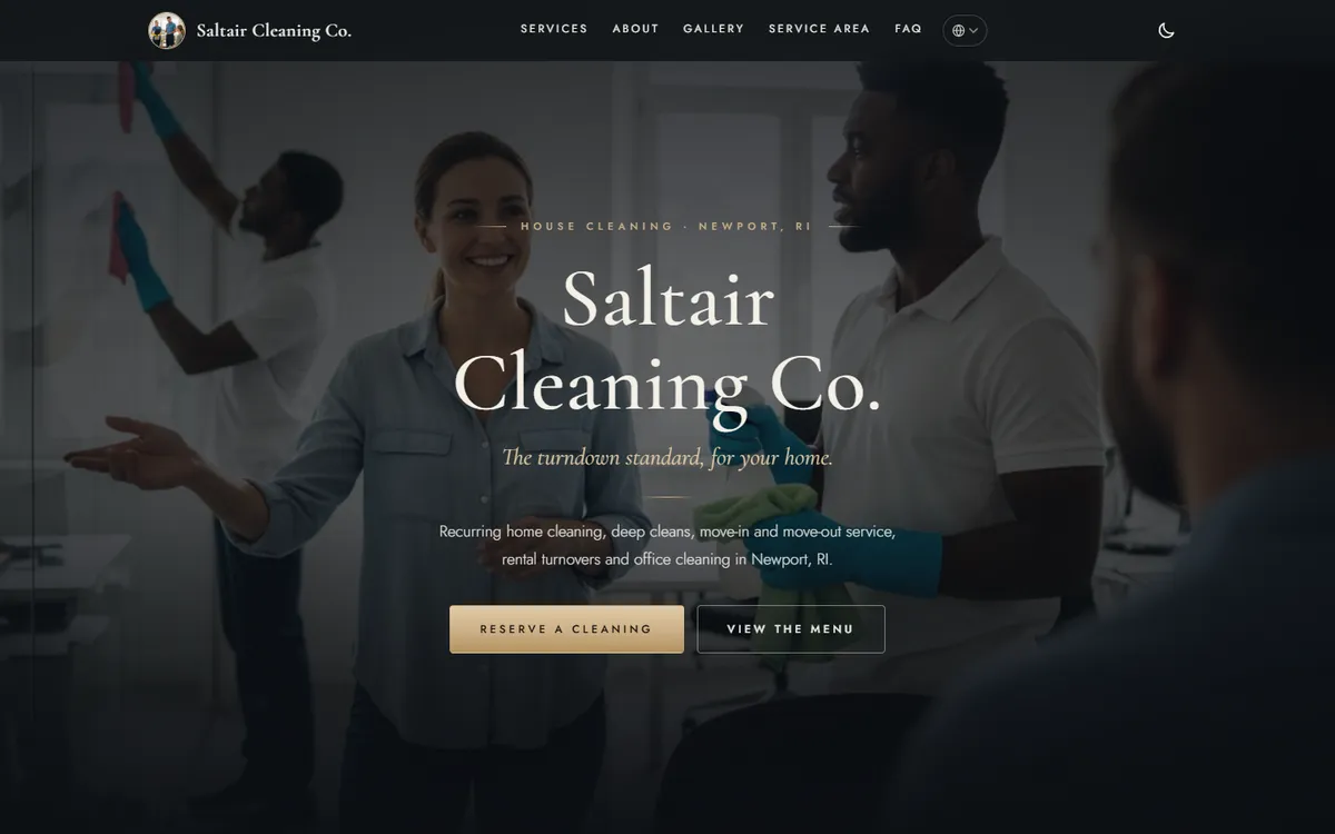 Desktop view of the Saltair Cleaning Co. sample website, with a hero photo of a cleaning crew and a reserve-a-cleaning button