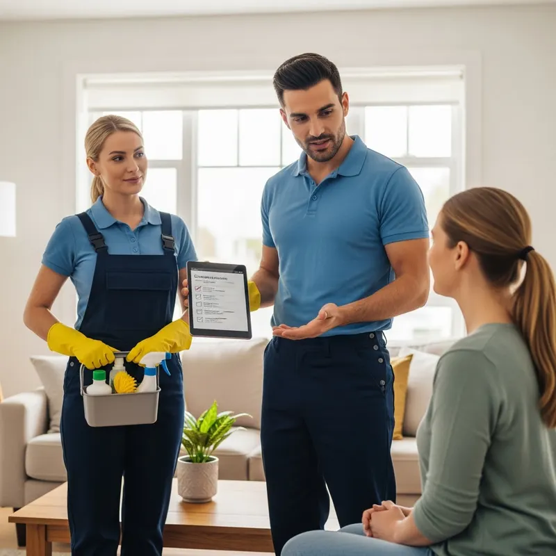 Cleaning team member with a supply caddy talking to a homeowner in a bright living room