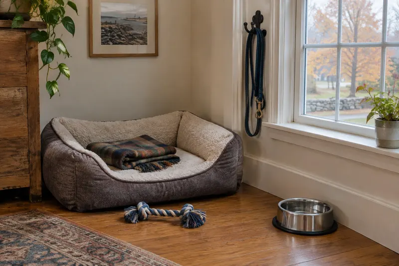 A home-style stay room with a plush dog bed, a rope toy, a leash on a hook and a water bowl by a sunny window