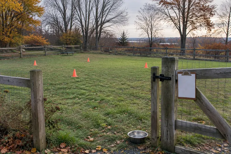 A fenced training yard at dawn with orange cones, a water bowl and a clipboard hanging on the gate