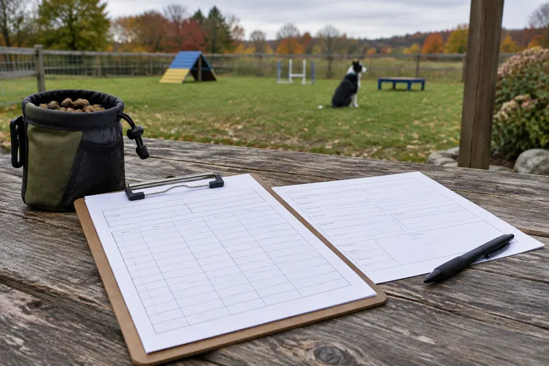 A clipboard with blank intake and vaccine forms beside a treat pouch on a wooden table, with a dog sitting in the training field behind
