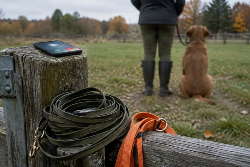 A phone lighting up with an incoming call on a gate post beside a long line and an orange leash, with a trainer and a seated dog out of focus behind
