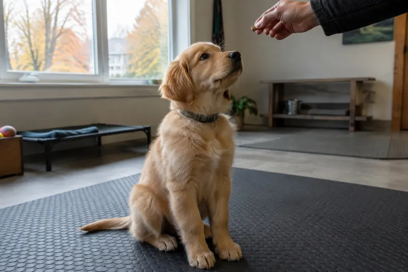 A golden retriever puppy sitting on a rubber mat looking up at a hand holding a small treat
