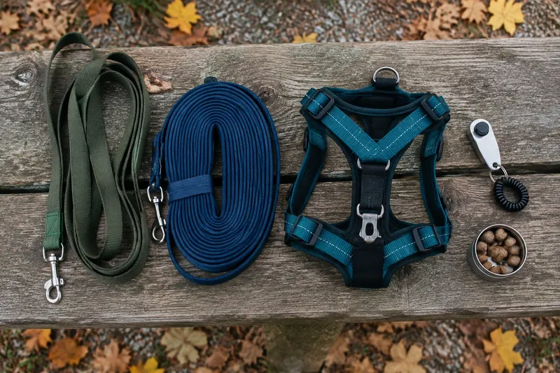 A flat leash, a coiled long line, a front-clip harness and a clicker laid out on a wooden bench with a tin of treats