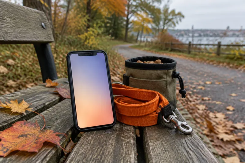 Phone with a softly glowing screen propped on a park bench beside an orange leash and a canvas treat pouch among autumn leaves