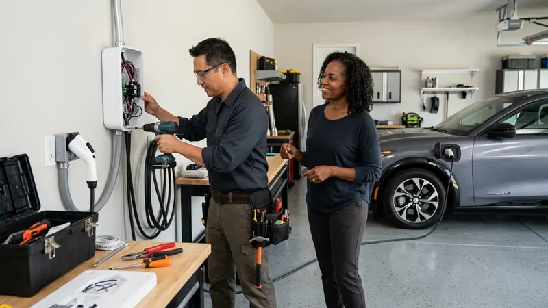 Electrician drilling a wall-mounted EV charger onto a garage wall while the homeowner looks on