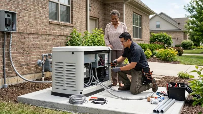 Electrician connecting a standby generator and transfer wiring beside a brick home with the homeowner watching