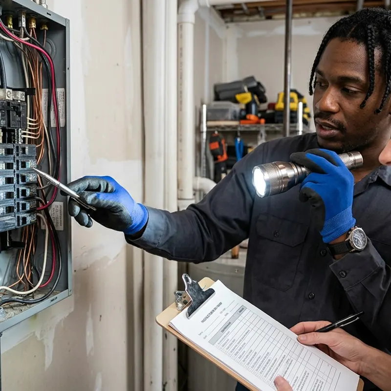 Electrician with a flashlight inspecting an open breaker panel in a garage while noting findings on a clipboard