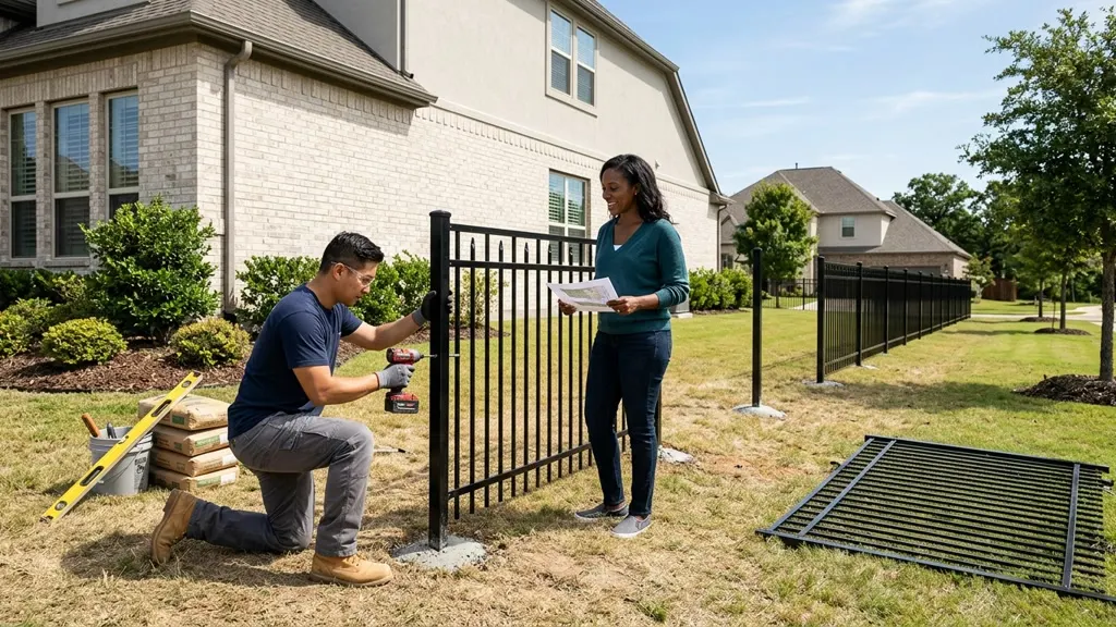 Installer attaching a black aluminum fence section while a homeowner reviews the plan