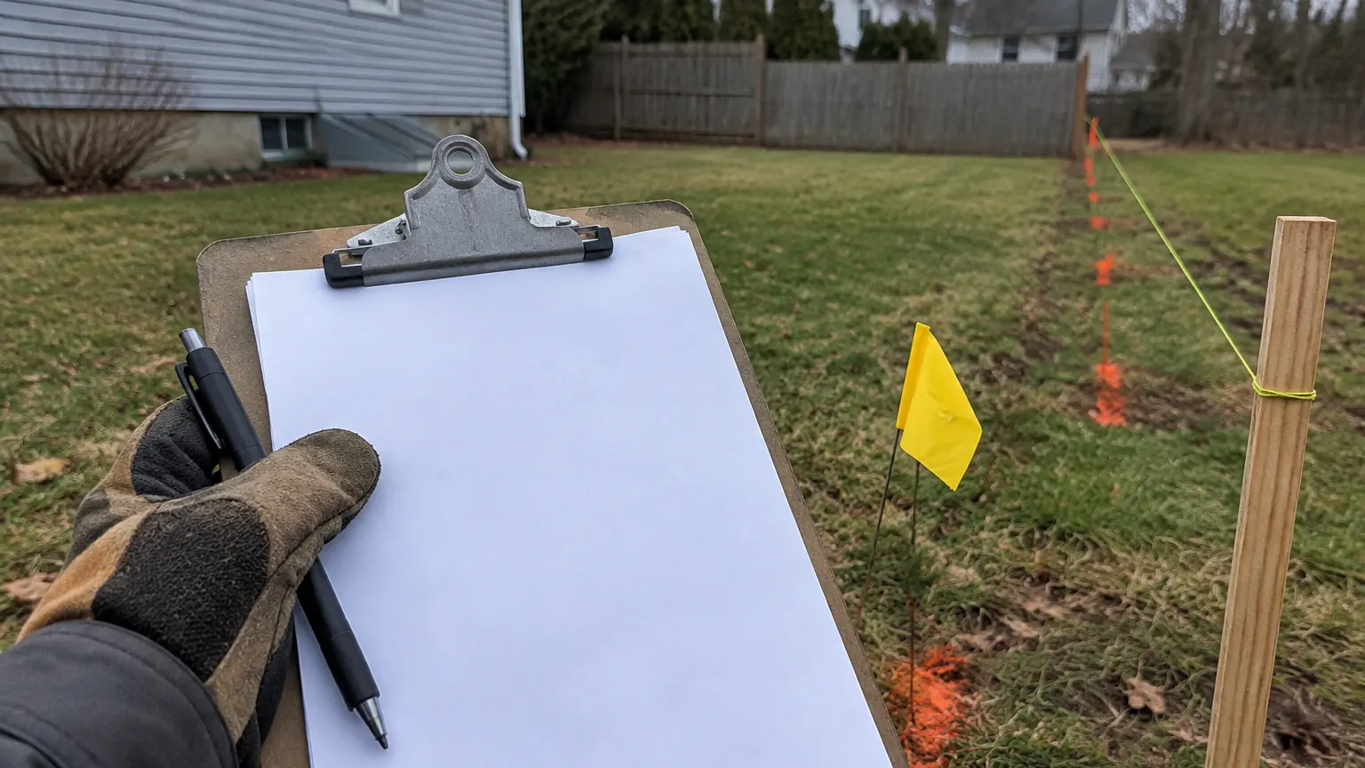 Gloved hand holding a blank clipboard beside a marking flag and spray-painted survey stakes along a planned fence line