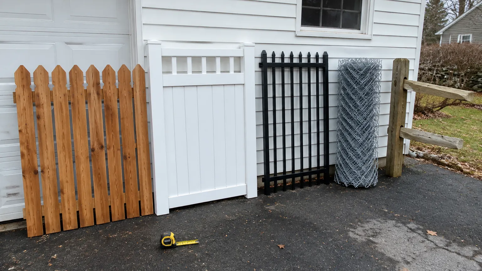 Cedar picket, white vinyl, black aluminum and chain-link fence samples leaning side by side against a garage wall