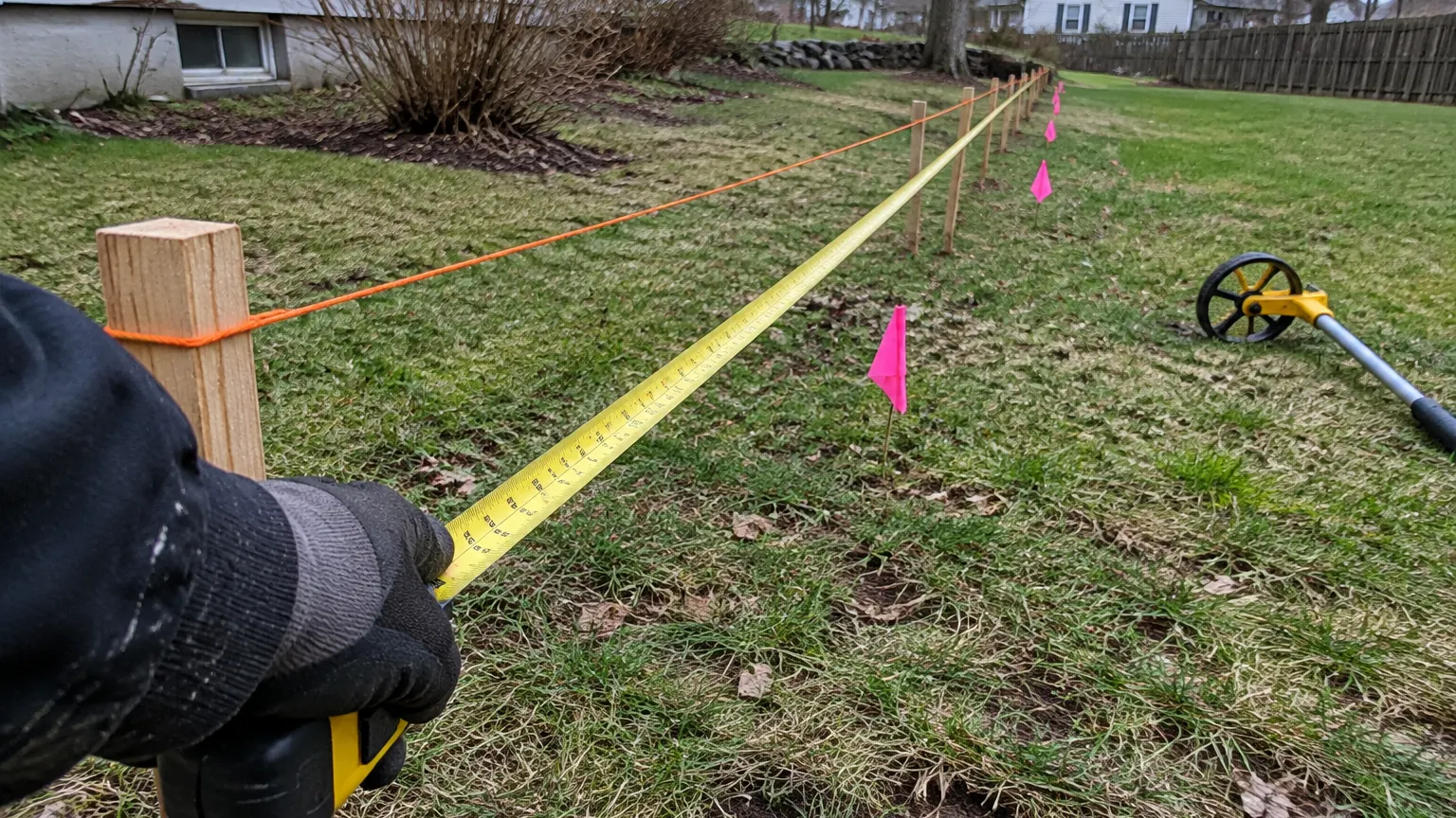 Gloved hand pulling a tape measure along a planned fence line between stakes with orange string, pink marking flags and a measuring wheel in the grass